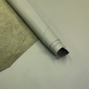 May include: A roll of light green leather with a suede backing. The leather is rolled up and the suede is visible on the inside of the roll.