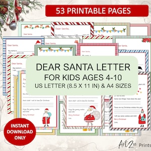 Lieber Weihnachtsmann Printable | Druckbarer Brief an Santa | Kinder im Alter von 4-10 | Kinder Weihnachtswunschliste | Einfaches Ausfüllen der Lücken | 53 SEITEN