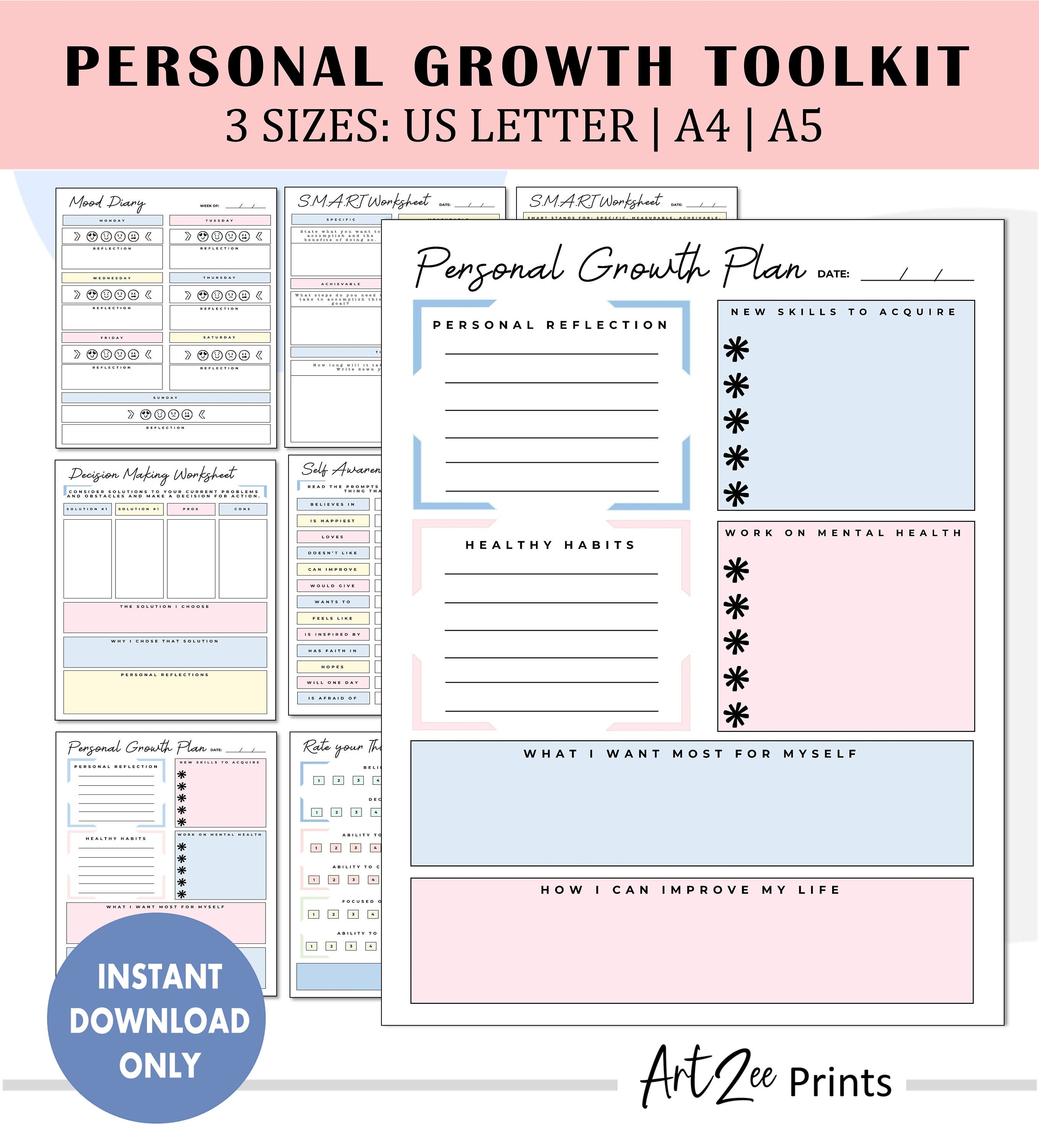 Personal Growth Planner Toolkit: Self-care Worksheets (digital