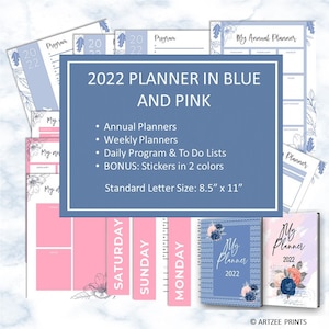 2022 Digital Printable Planner For Women In Pink and Blue Weekly Monthly Daily with FREE Planner Stickers