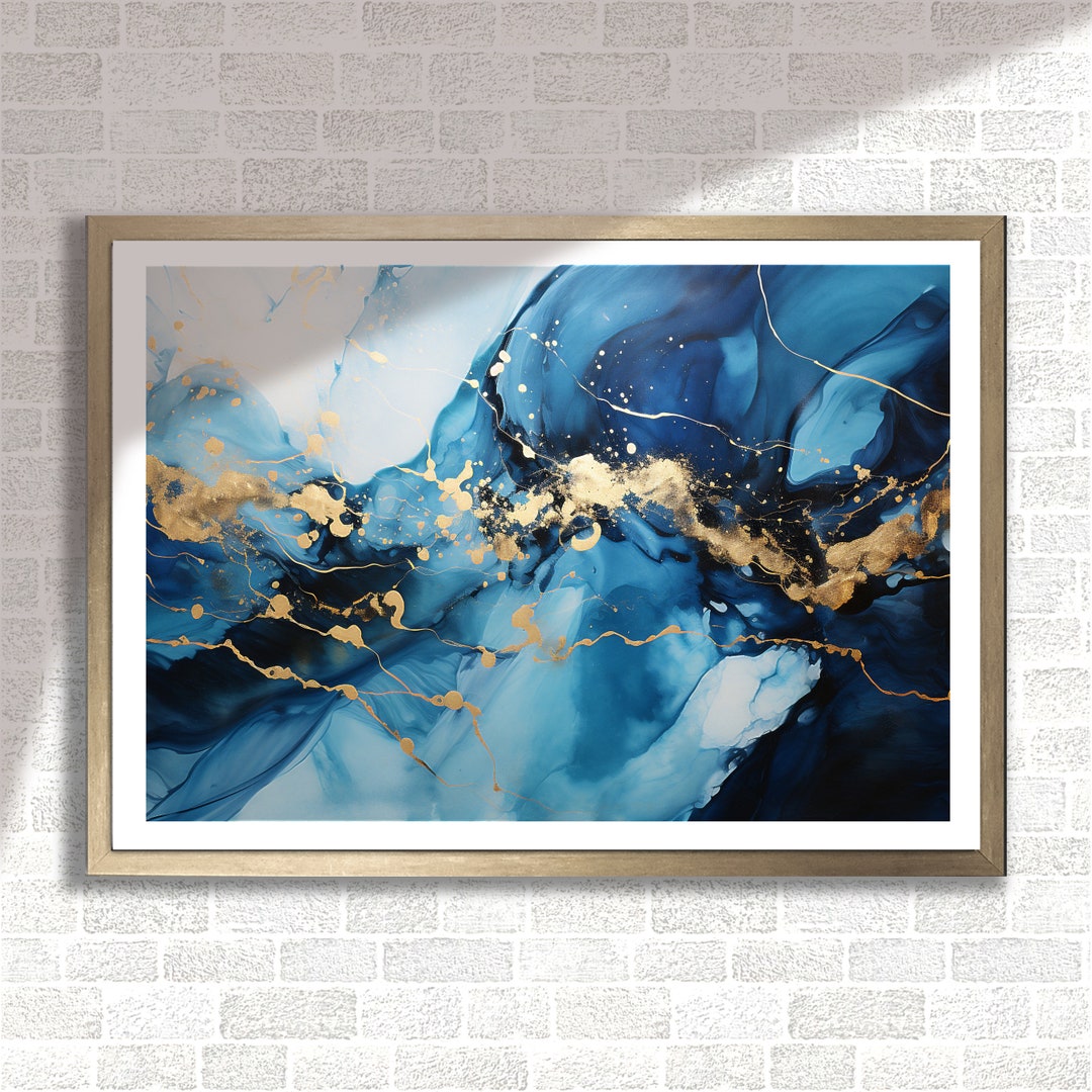 Apartment Wall Art, Modern Blue and Gold Abstract Wall Decor, SET OF 4 ...
