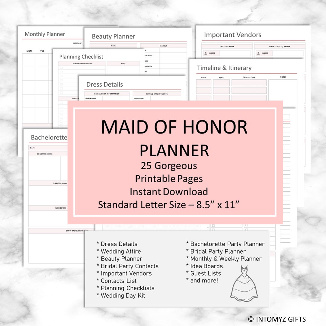 Maid of Honor Printable, Bridesmaid Planner Bundle, PDF Download Etsy