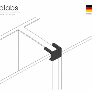 May include: A black U-shaped corner connector piece attached to the edge of a white line-drawn structure. The image includes the text in3dlabs INTERIOR DESIGN and a German flag icon with the text Made in Germany in the upper corners.