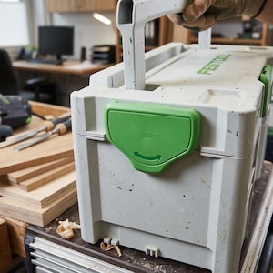 Op de afbeelding: Een grijze en groene Festool gereedschapskist met een handvat wordt vastgehouden. De kist heeft een groene sluiting en de merknaam staat op de bovenkant. Houtbewerkingsgereedschap en stukken hout staan op de achtergrond.
