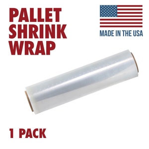 May include: A roll of clear pallet shrink wrap, made in the USA. The roll is on a brown cardboard core. 1 PACK is written below the roll.