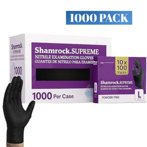 May include: A box set of black nitrile examination gloves, labeled "Shamrock Supreme," with the text "1000 Pack." The box is white with purple accents and includes a smaller box of gloves. A black gloved hand is visible.