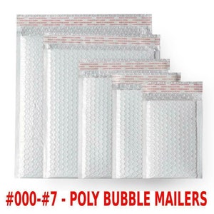 May include: A set of five white poly bubble mailers of different sizes. The mailers are made of a durable, flexible material with a bubble-lined interior for added protection. #000- #7 - POLY BUBBLE MAILERS