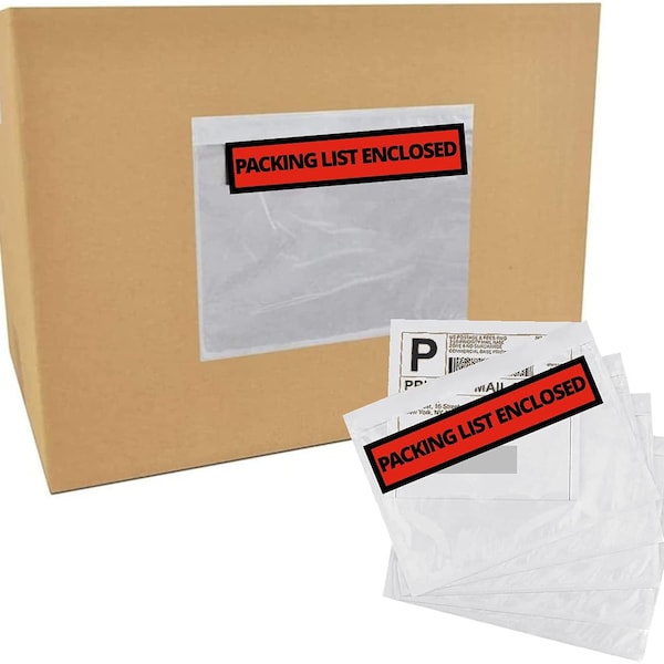 100 Pc Packing List Enclosed" Envelope, 4.5" x 5.5", Orange, Invoice Enclosed Envelopes, Self Adhesive