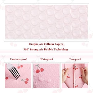 May include: Close-up of a pink and white patterned fabric with a cherry design. The fabric is puncture-proof, waterproof, and tear-proof. The fabric is made with unique air cellular layers and 360&deg; strong air bubble technology.