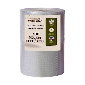 May include: A roll of clear bubble wrap with a label that reads "IPACKNOW Bubble Wrap 24" x 700 ft Each Roll Perforated Every 12" 700 Square Feet / Roll".