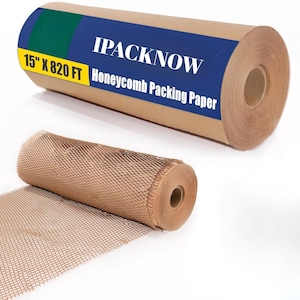 May include: Two rolls of honeycomb packing paper. The larger roll has a blue and green label with the text "IPACKNOW" and "15" X 820 FT Honeycomb Packing Paper". The paper is brown and has a honeycomb pattern.