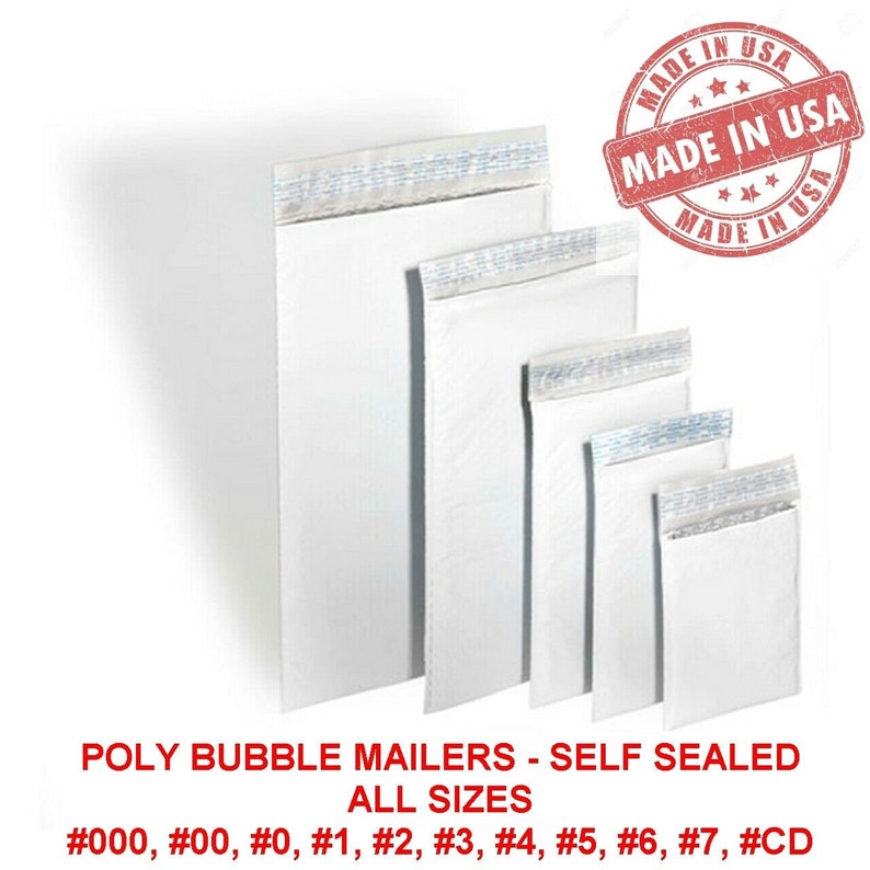 May include: A set of white self-sealing poly bubble mailers in various sizes. The mailers are made in the USA. The sizes are labeled #000, #00, #0, #1, #2, #3, #4, #5, #6, #7, and #CD.