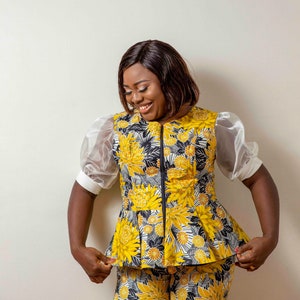 Ankara peplum top, African print peplum top, Ankara office top, organza sleeves blouse, Ankara top for women