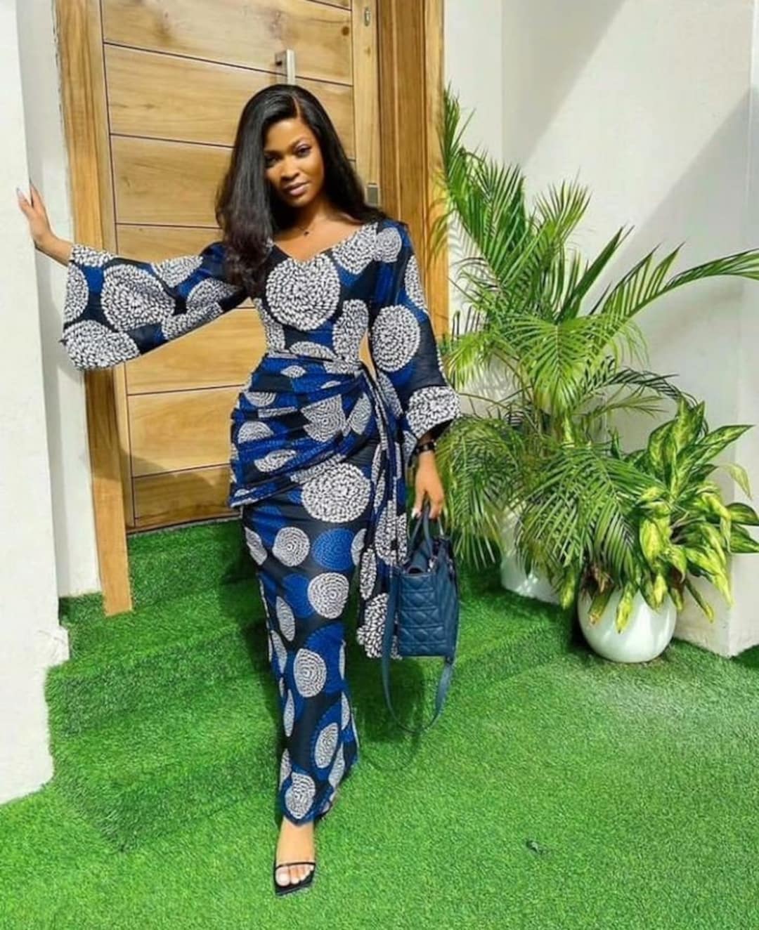 ankara fitting dresses Blue Ankara Pencil Dress With Drapes, African Print 100% Cotton