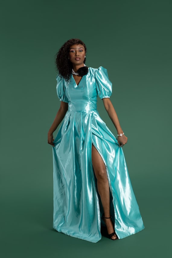 long puff sleeve satin dress Fitted Puff Sleeve Satin Gown by Cinderella Divine CD983