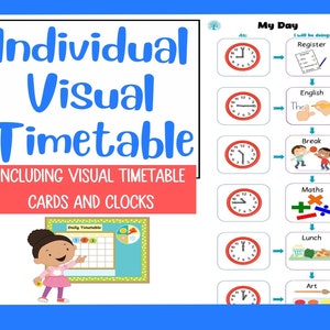 May include: A visual timetable for children with a clock and images for each activity. The activities include register, English, break, maths, lunch, and art.