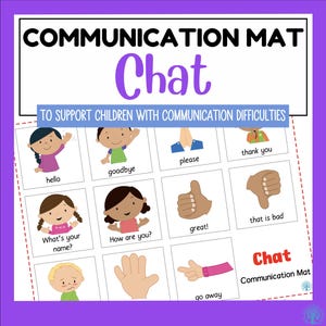 以下が含まれることがあります： 紫色の縁取りのコミュニケーションマットで、「COMMUNICATION MAT」というタイトルと「Chat」という単語が紫色の文字で書かれています。このマットには、「こんにちは」、「さようなら」、「ありがとう」などのフレーズが描かれたイラストカードが含まれており、コミュニケーションに困難を抱える子供たちをサポートするように設計されています。