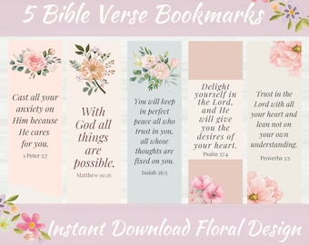 Printable Bible Verse Bookmarks | Floral Bible Verses | Christian Bookmarks | Christian Gifts | Bookmarks Set of 5