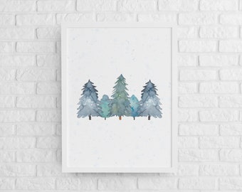 Winter Trees Water Color Art Print, Winter Water Color Wall Art, Holiday trees wall art, Snowy Forest Art Print, Winter Prints