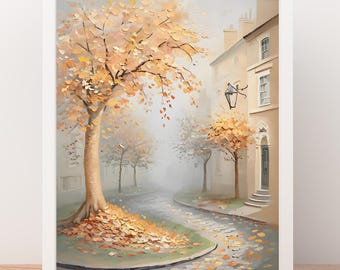Charming Autumn European Street Scene, Fall Foliage, Dreamy Painted Digital Printable Poster for Living Room Bedroom Bath Dorm Classic Decor