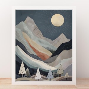 Paisaje de montaña abstracto y silencioso, póster sereno y místico de arte de pared digital único para sala de estar, cocina, baño y dormitorio de cabaña moderna