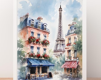 Parisian Street Scene with Eiffel Tower Watercolor French Wall Art Printable Poster for Living Room Bedroom Bathroom Dorm Classic Home Decor