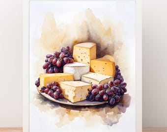 Cheese Platter and Grapes Watercolor Kitchen Art, Digital Prints Painted Printable Poster for Dining Room, Wine Lovers, Foodie Classic Style