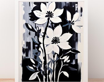 Black and White Floral Art Print, Painted Floral Market, Matisse Style Monochrome Flowers Printable Poster for Modern Home Staging Bedroom