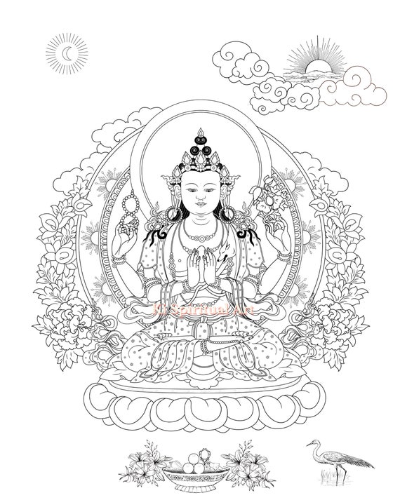 Avalokiteshvara Downloadable Coloring Pages Digital Download Etsy
