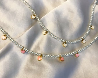 Pearl necklace with cute heart charms