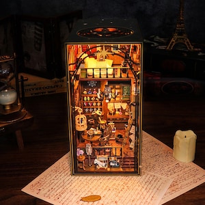 Kit de coin de livre miniature à faire soi-même, modèle 3D de maison de poupée en bois avec lumière LED pour adultes et adolescents, construction de mini maison de poupée, serre-livres, décoration d'étagère, ifts