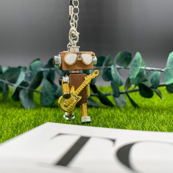 Wooden Steampunk Robot Necklace -Handmade Unique Wooden Keychain Decor for bag, Gift for Birthday/Anniversary, with Gift Package