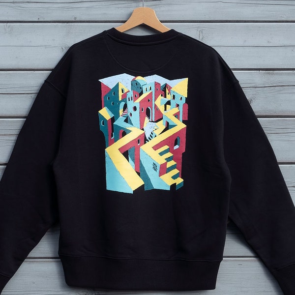 Sweater mit Kunst BIO "trippy Stadt" Surrealismus Architektur bunt Malerei Escher Illustration geometrisch Biobaumwolle Pullover Art FAIR