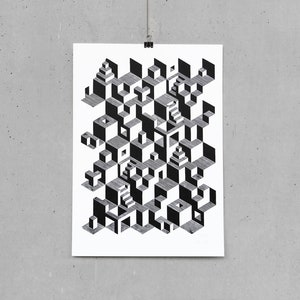 Original lino print &quot;Stairs&quot; PINK or BLACK on natural paper with oilpaint linocut, art illustration mc escher architecture