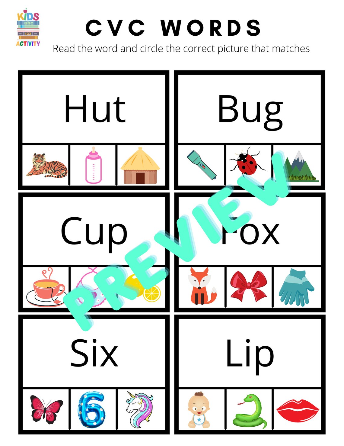 CVC words preschool worksheet printable kids activity | Etsy