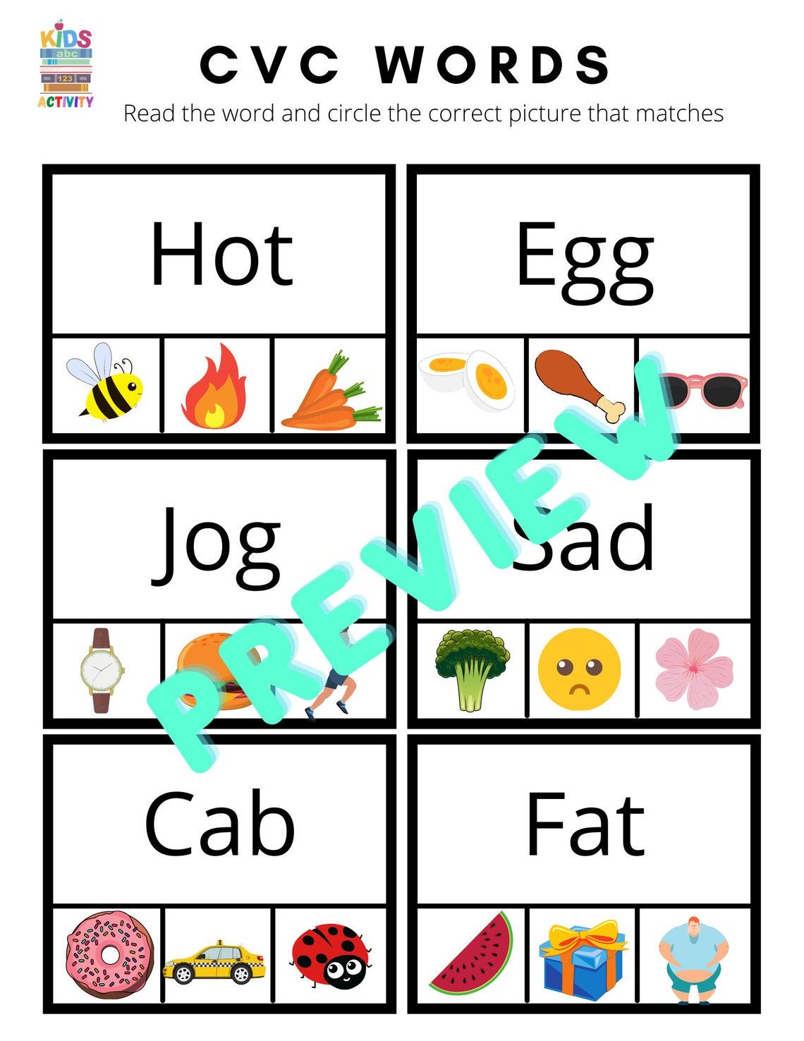 CVC words preschool worksheet printable kids activity Etsy