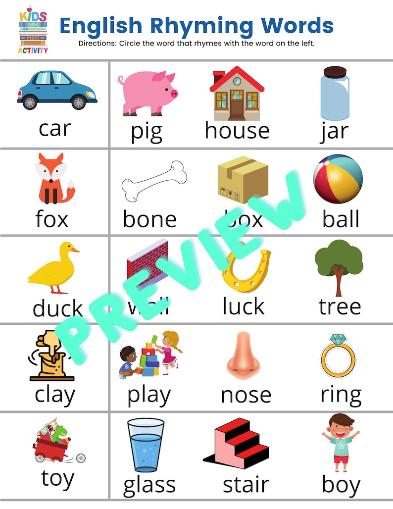 Rhyming Words Preschool Worksheet Printable Kids Activity Etsy