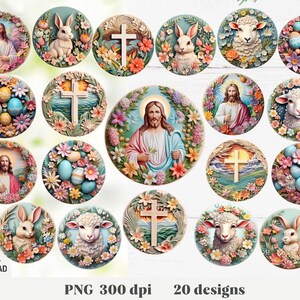 Pacchetto sublimazione ornamenti pasquali 3D, png pasquale, clipart pasquale, cristiano, religioso, Gesù, croce, coniglietto pasquale, sublimazione pasquale