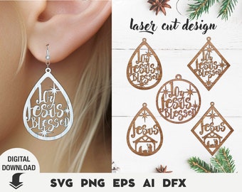 May include: Laser-cut wooden earrings and ornaments with religious themes. The earrings are teardrop-shaped and say "Joy Jesus Blessed." Other ornaments include the text "Joy Jesus Blessed" and "Jesus" with a nativity scene.