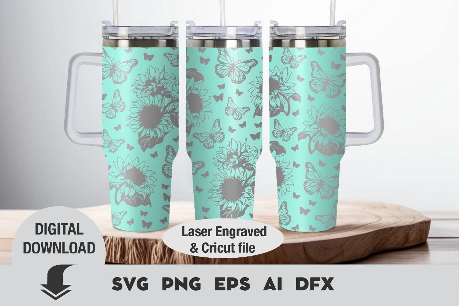 Tumbler 40oz Design Svg, Sunflowers And_butterflies Laser Engraved Full ...