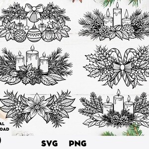Pode incluir: Download digital a preto e branco de designs com tema natalício. Os designs incluem ornamentos, velas, pinhas, azevinho e bengalas doces. O texto "DOWNLOAD DIGITAL" e "SVG PNG" também está incluído.
