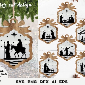 Paquete de adornos svg, adorno de natividad de Navidad cortado con láser, adorno cristiano svg, archivo cortado con láser, Jesús, Navidad grabada con láser
