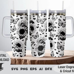 Copo de 40 onças com design svg, girassóis e borboletas, envoltório completo gravado a laser, Cricut, envoltório para rotativo a laser, copo de flores, gravado a laser