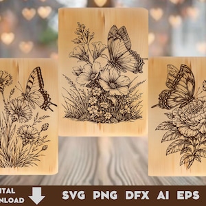 May include: Three rectangular light-colored wooden panels featuring black line art illustrations of butterflies and wildflowers. The designs include detailed botanical sketches of various floral arrangements with butterflies perched on petals and stems.
