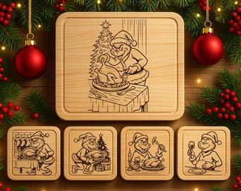 May include: Wooden cutting board and coasters set with a Grinch-themed design. The cutting board features a Grinch character carving a turkey, while the coasters depict various Grinch scenes. The set is perfect for holiday entertaining.