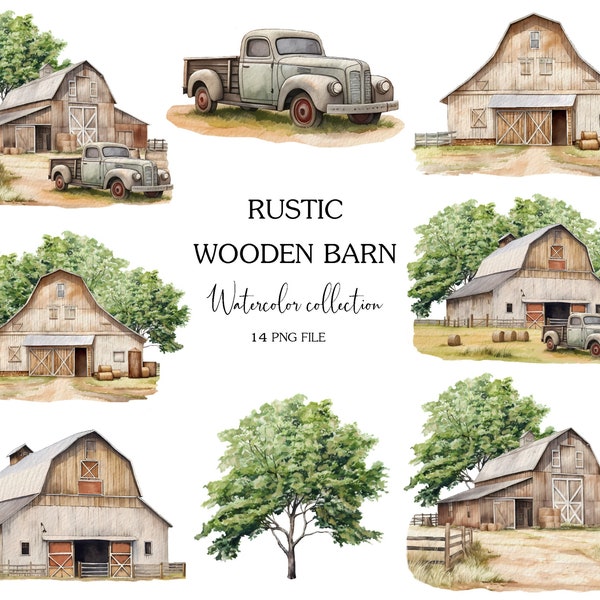 Barn Watercolor clipart, Rustic Wedding clip art, Elegance Farm clipart, Country wooden House, Farmhouse Logo, Cozy clipart