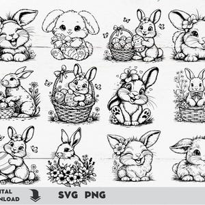 May include: A collection of black and white Easter bunny illustrations. The bunnies are depicted in various poses, some holding Easter eggs or sitting in baskets. The image includes the text "DIGITAL DOWNLOAD" and "SVG PNG".