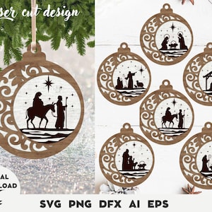 Paquete de adornos svg, adorno de natividad de Navidad cortado con láser, adorno cristiano svg, archivo cortado con láser, Jesús, Navidad grabada con láser