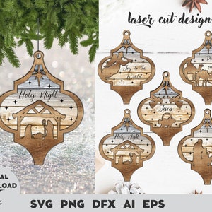 Adorno de natividad de Navidad cortado con láser, adorno arabesco cristiano svg, adorno de natividad de navidad svg, archivo cortado con láser, Jesús, Navidad