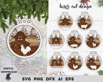 Christmas Ornament svg laser Cut, Farm Barn Christmas Ornament, Christmas Farm svg, Laser Cut File, christmas animals svg, Christmas Ball